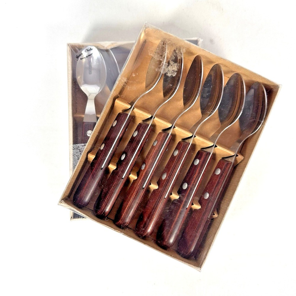 Vintage Jean Dubost France Teaspoons Set of 10 Wood Handle Stainless NOS Boxed
